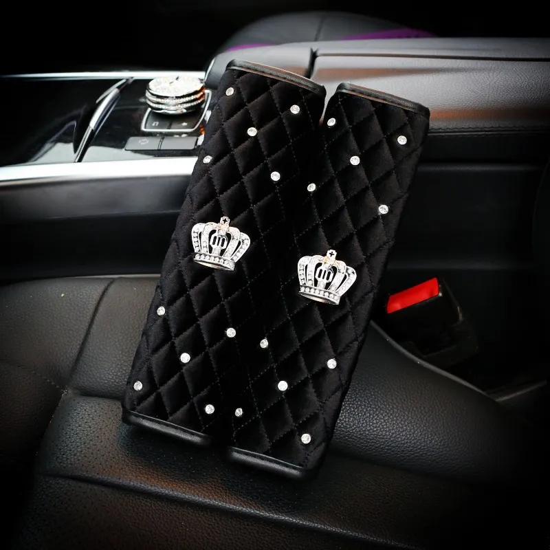 seat belt cover 2pcs Алмазная Хрустальная корона, серия автомобильных сидений, инерционные аксессуары, плюшевый мех, авто чехлы на руль, подголовник, ремень безопасности, крышка переключения - Название цвета: seat belt cover 2pcs