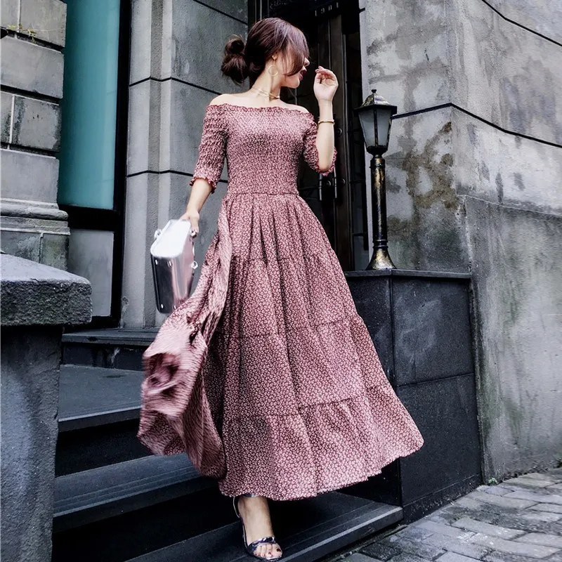 2018 Лето Темперамент Slash шеи подчеркнутой талией Винтажные наряды лоскутное