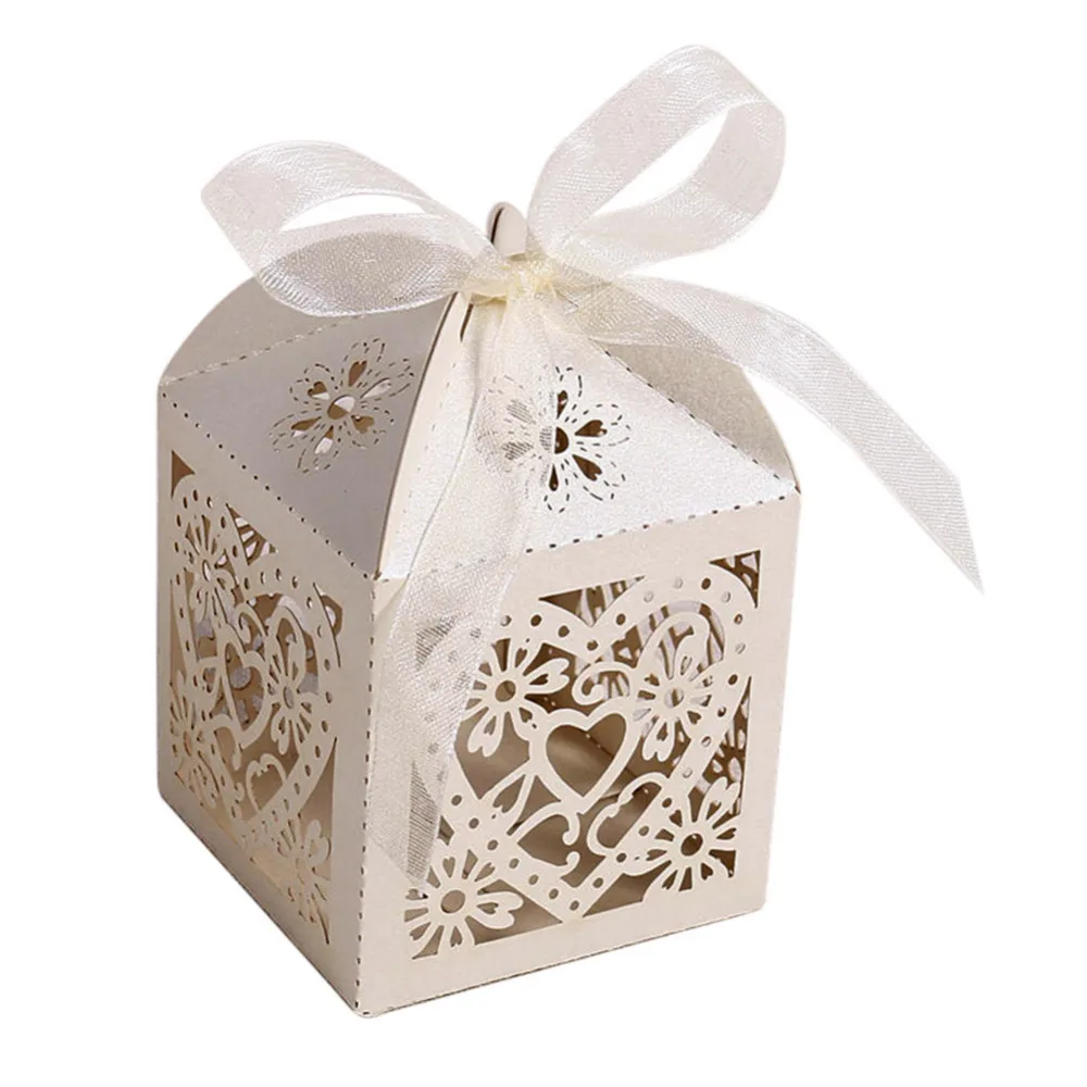 

50pcs Laser Cut Love Heart Hollow Carriage Gift Bags Candy Favor Boxes With Ribbon Baby Shower Birthday Wedding Party Supplies