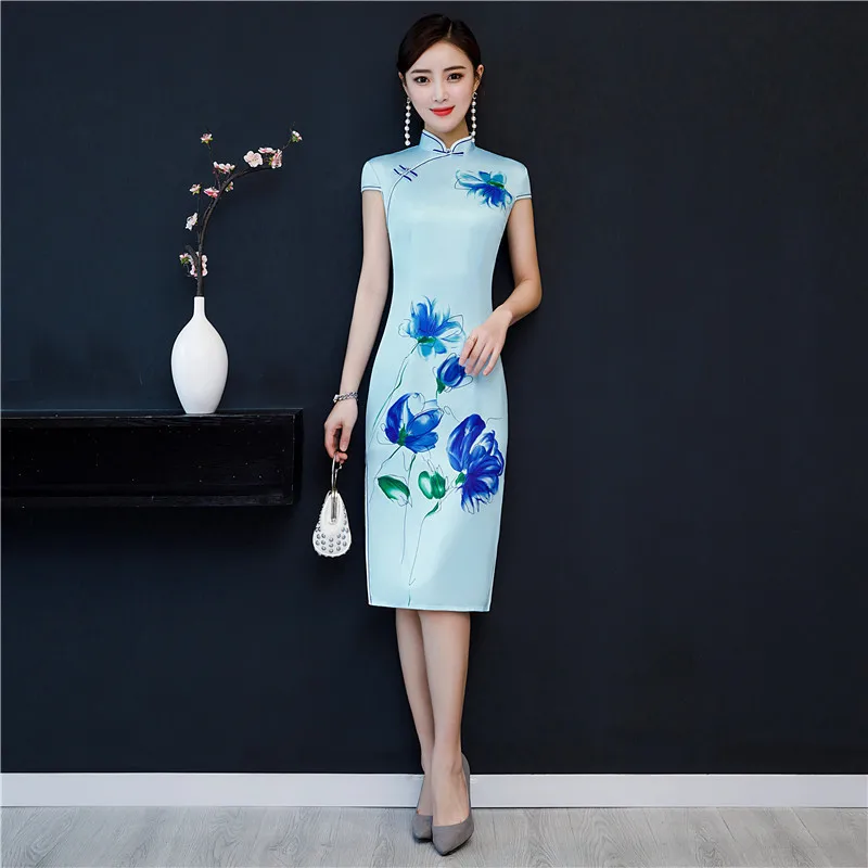 Spring Summer Fashion Flower Cheongsam Long Dresses Blue Elegant Slim Qi Pao Women Chinese Traditional Dress Plus Size Qipao |