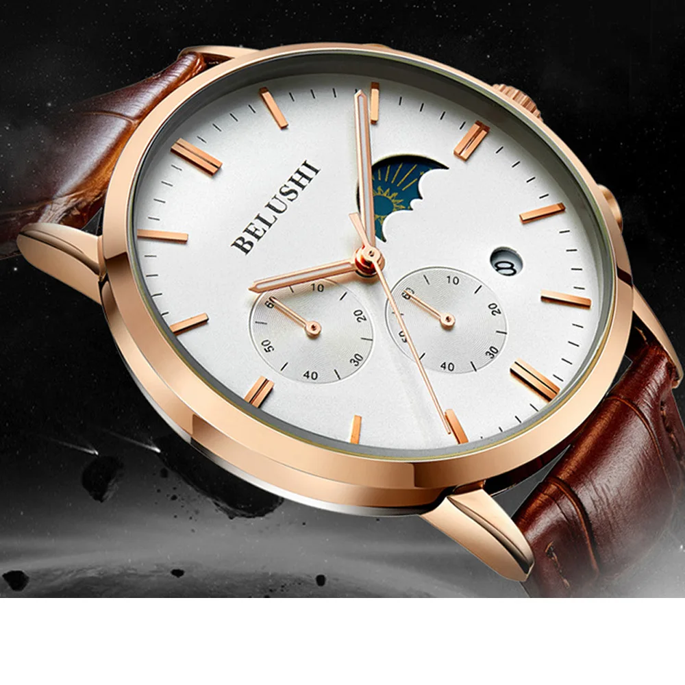 Мужские креативные наручные часы Moon Phase роскошные кожаные брендовые Золотые