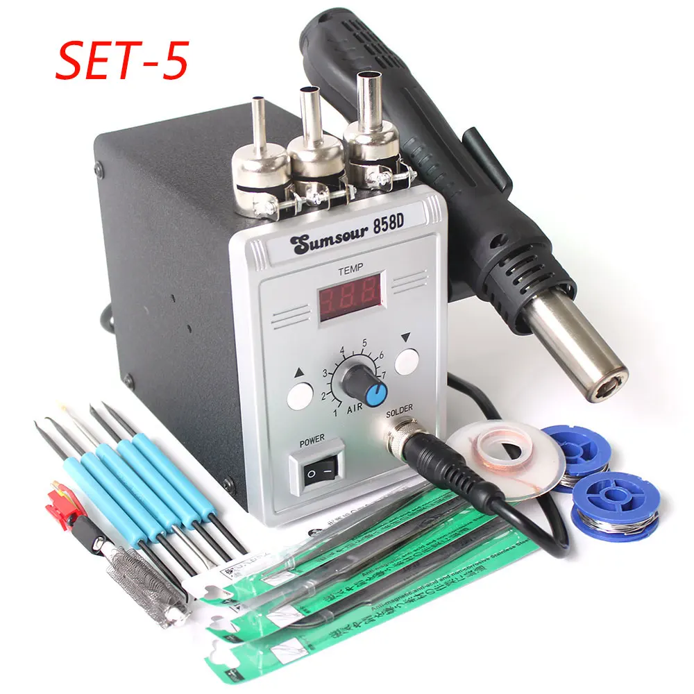 SET-5 Паяльная станция 858D 220 В/110 в 700 Вт регулируемый цифровой дисплей Тепловая пушка BGA SMD фена паяльная Ремонт - Цвет: SET-5