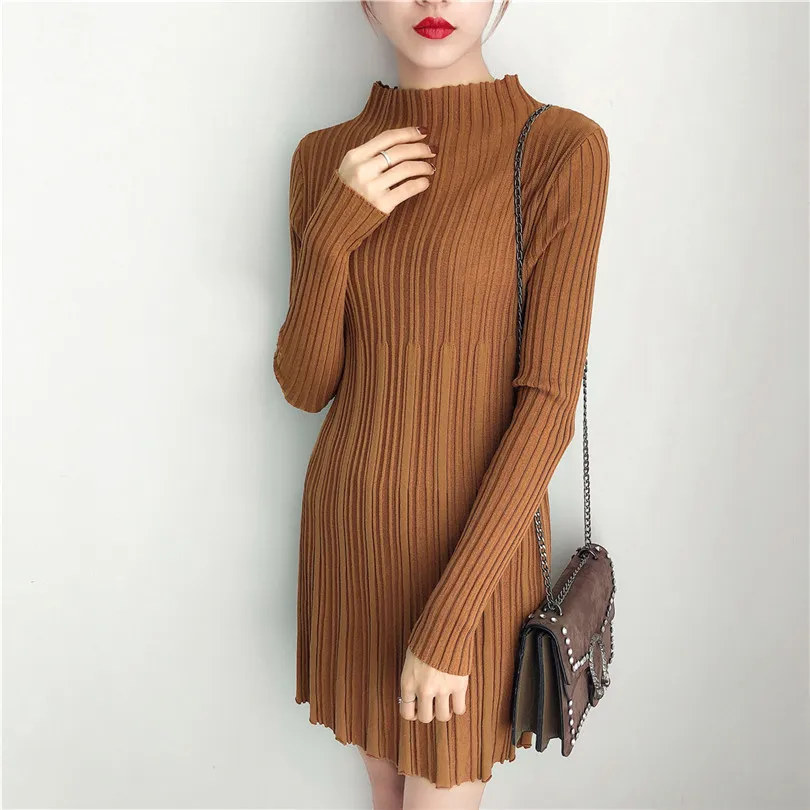 Elegant Long Sleeve Patchwork Knitted Women Sweater Dress Loose Stand Collar A Line Solid Female Pullover Jumper Undershirt | Женская