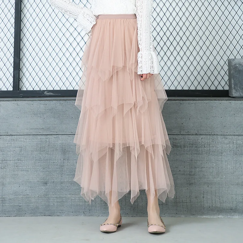 Women's Mesh Layer Cake Fairy Skirt Summer Ruffles Elastic Waist Ladies Sweet Midi Jupe Femme Tulle Tutu Long 3149LY | Женская
