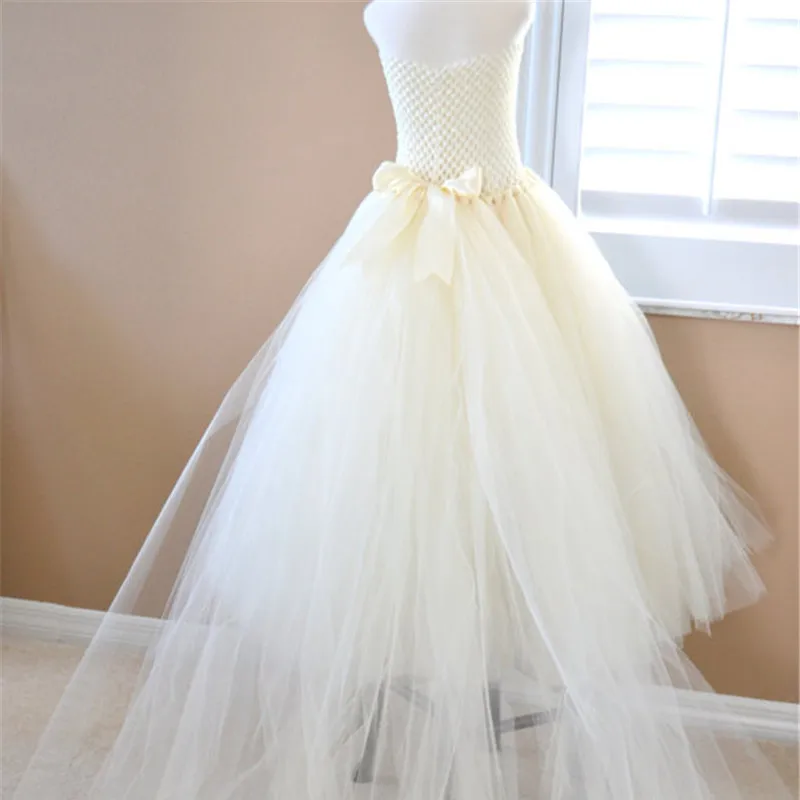 Handmade Removable Long Train Tail Girls Tulle Tutu Dress Baby Party Frocks Elegant Wine Birthday Dancing Festival Dresses | Детская