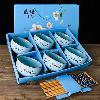 6PCS blue Японский вишневый цвет керамическая чаша набор микроволновая печь маленькая Классическая салатная лапша Ramen миска для рисового супа с палочками для еды посуда - Цвет: 6PCS blue