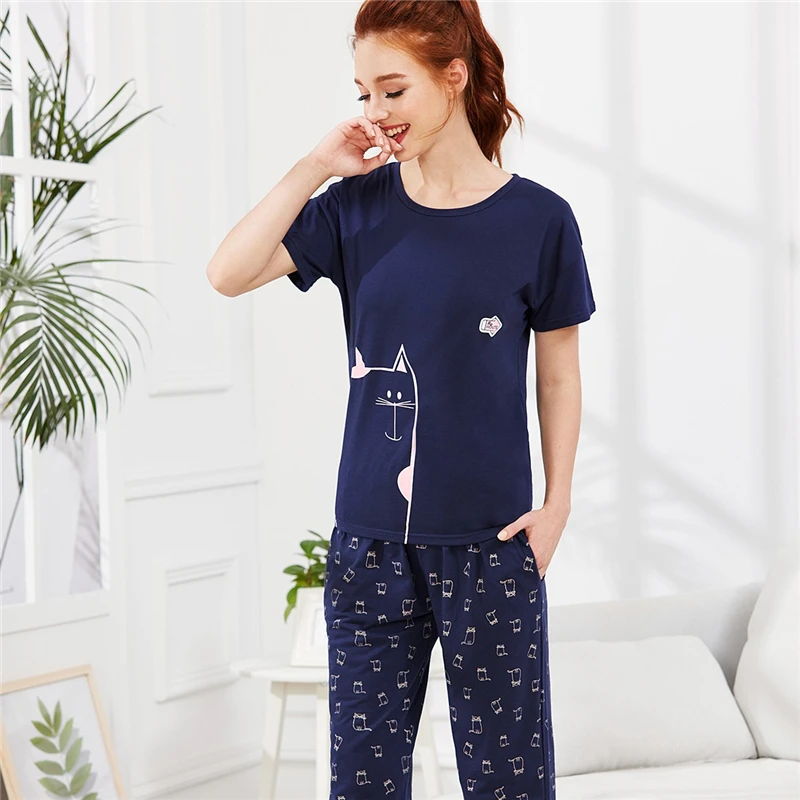 Dotfashion темно-синяя футболка с принтом животных и штаны, пижамный комплект, летние пижамы для женщин, повседневная одежда для сна с коротким рукавом, женская одежда для сна