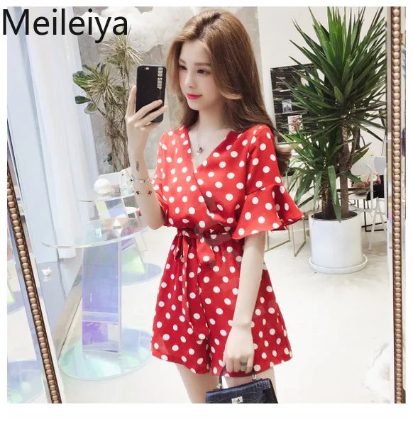 Женский комбинезон в горошек с принтом весна 2019 новый красный v образным вырезом