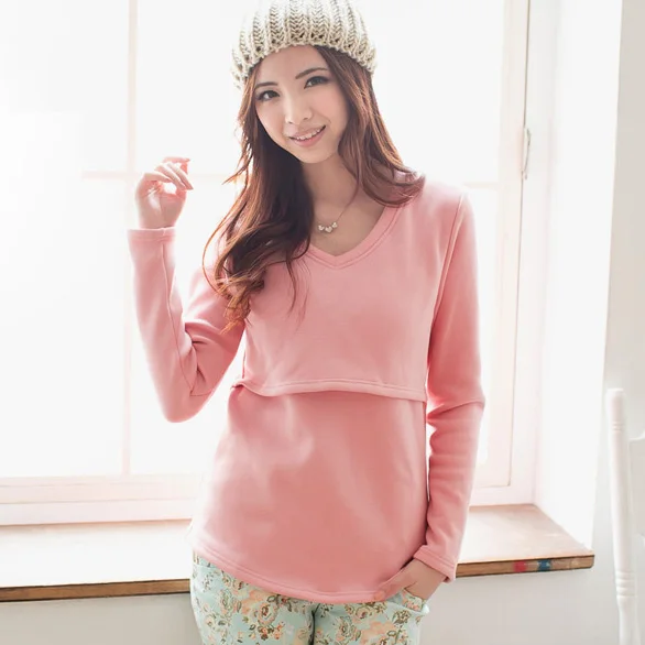 Pink V neck Emotion Moms/Одежда для беременных с длинными рукавами; топы для кормления грудью; зимние топы для беременных женщин; свитер для беременных - Цвет: Pink V neck