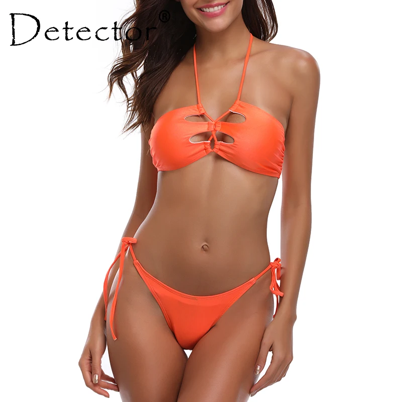 Женский сексуальный оранжевый бандажный купальник бикини Detector с тонкими лямками