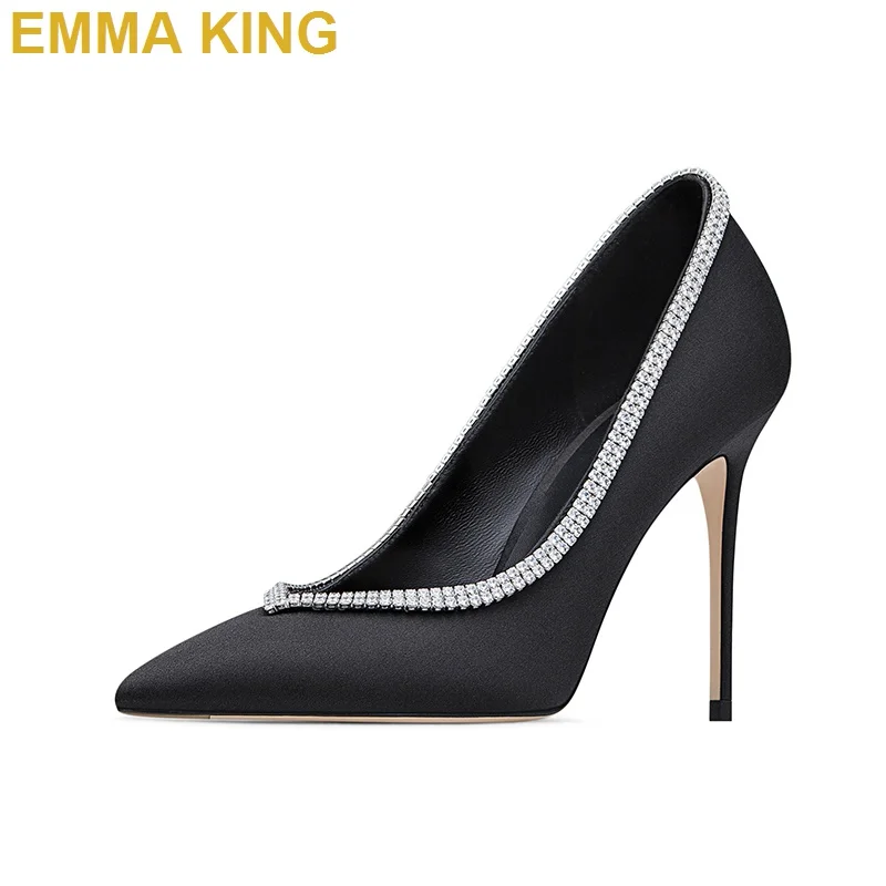 

EMMA KING Black Leather Bling Crystal Sexy Ladies Pumps Shoes Pointy Toe Stiletto Thin High Heels For Women Fashion Prom Shoes