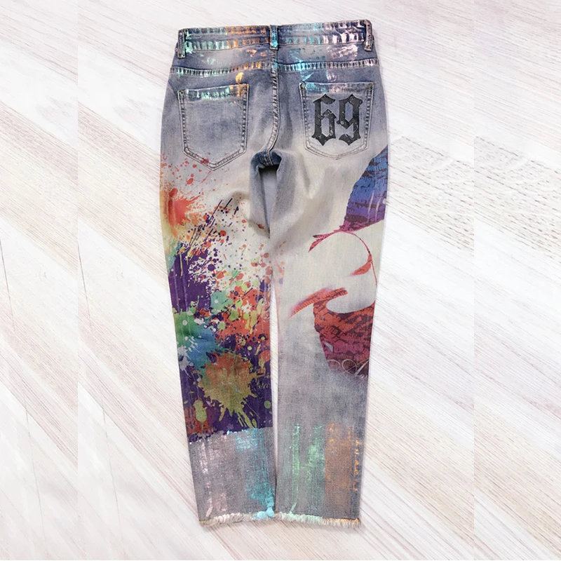 

LUCKY STAR 3D Appliques pattern Painted Jeans Momen Straight Elegant Style Ripped Vintage Pattern Skinny Jeans D237