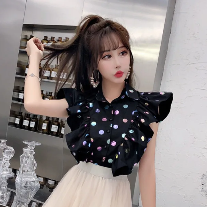 Блестками Dot Футболка с принтом женственная блузка Для женщин рукавами