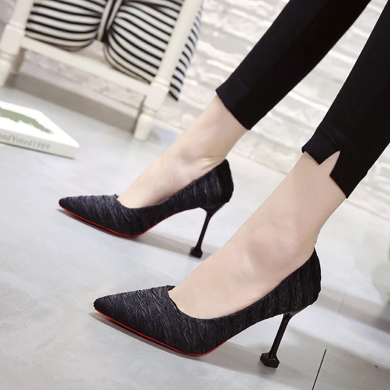 2018 new black women's shoes pointed suede fine high heels matte cat with single women | Обувь