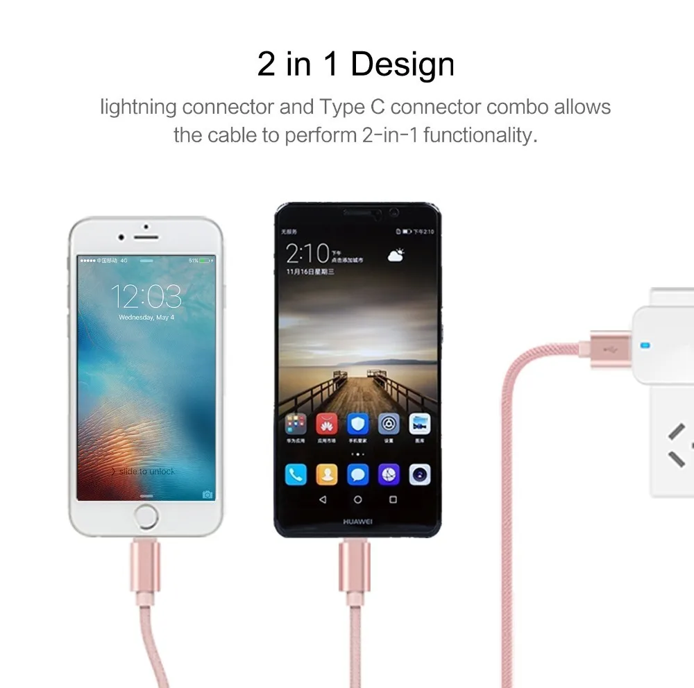 Зарядный кабель Rock 2 в 1 Usb Type-C для Iphone Samsung Xiaomi шнур быстрой зарядки USB-C Lightning Type-c |