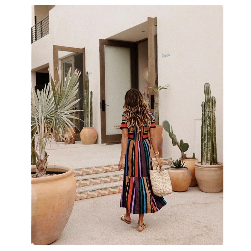 Новые женские летние Boho с коротким рукавом Длинное Макси платье для вечеринки пляжный Сарафан