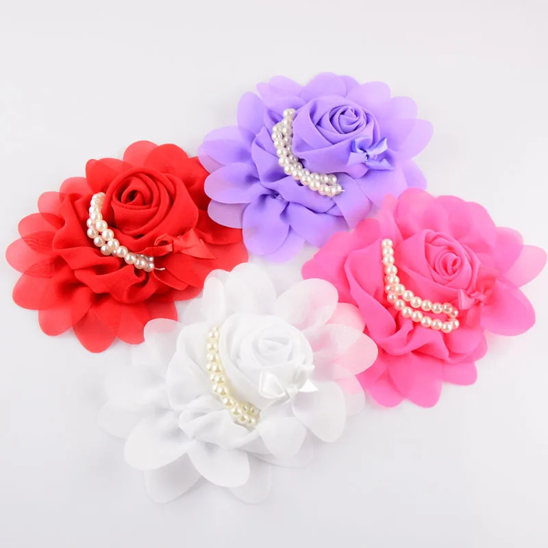 

MengNa 19C girls 5.5 Inch Chiffon Hair Flower With Pearls Chiffon Pearl Flower without Headbands DIY Accessories 30pc/lot