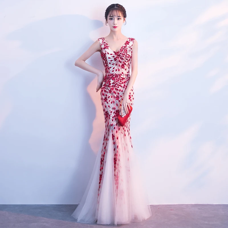 

Bride Party Cheongsam Oriental Women Elegant Slim Dress Fashion Chinese Style Wedding Long Qipao Luxury Robe Vestido S-XXL