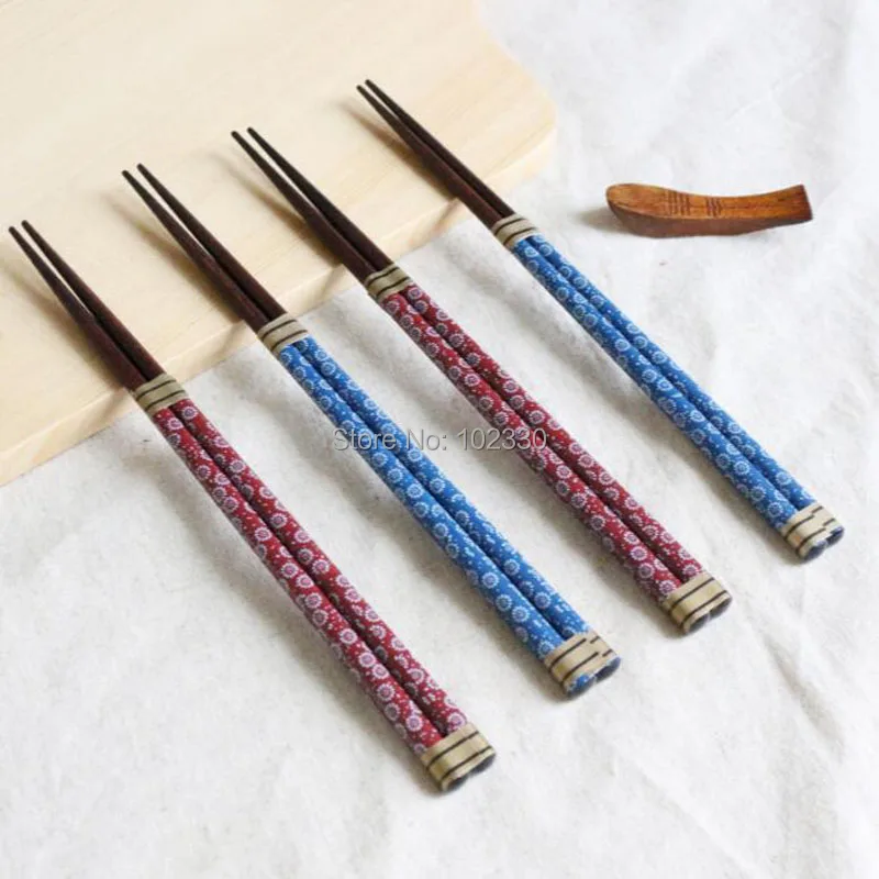 

300 Pairs Japan Style Natural Wooden Sushi Chopsticks Pointed Red And Blue Decals Indonesia Ironwood Household Tableware