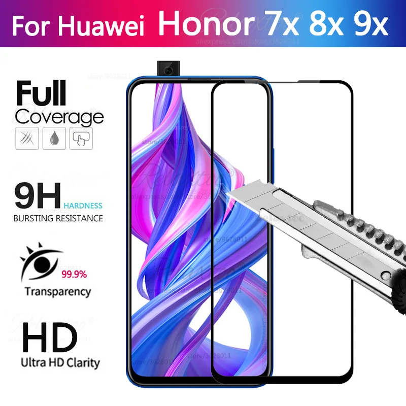 Закаленное стекло с полным покрытием для Huawei Honor 9x 8x 7x Защитное экрана honor 9 8 7 x x8