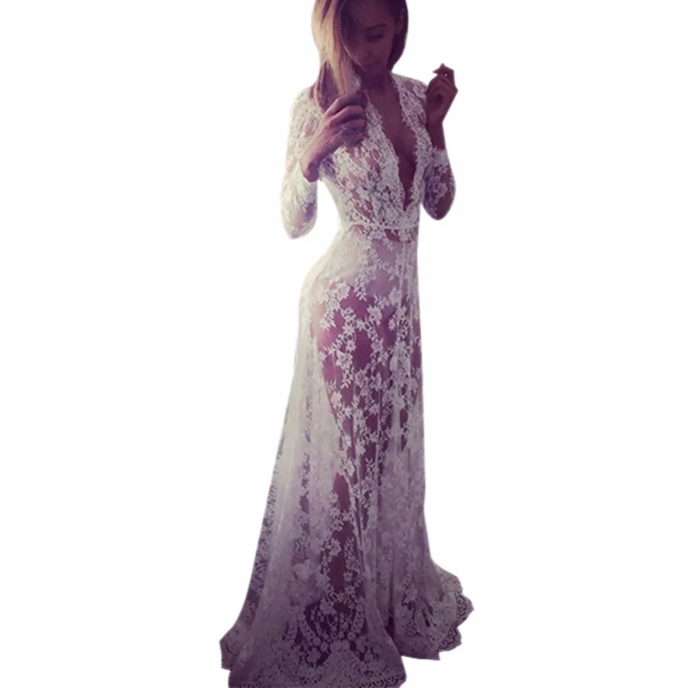 

Sexy Transparent Lace Dress Women Deep V Long Sleeve Maxi Dress Elegant Lady Beach Long Dress Summer Vestidos