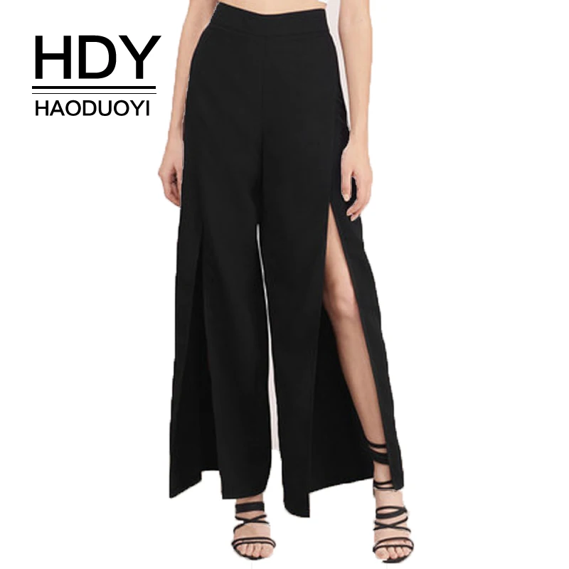 HDY Haoduoyi офисные женские однотонные черные женские элегантные брюки с разрезом сбоку свободные женские повседневные сексуальные брюки на пуговицах