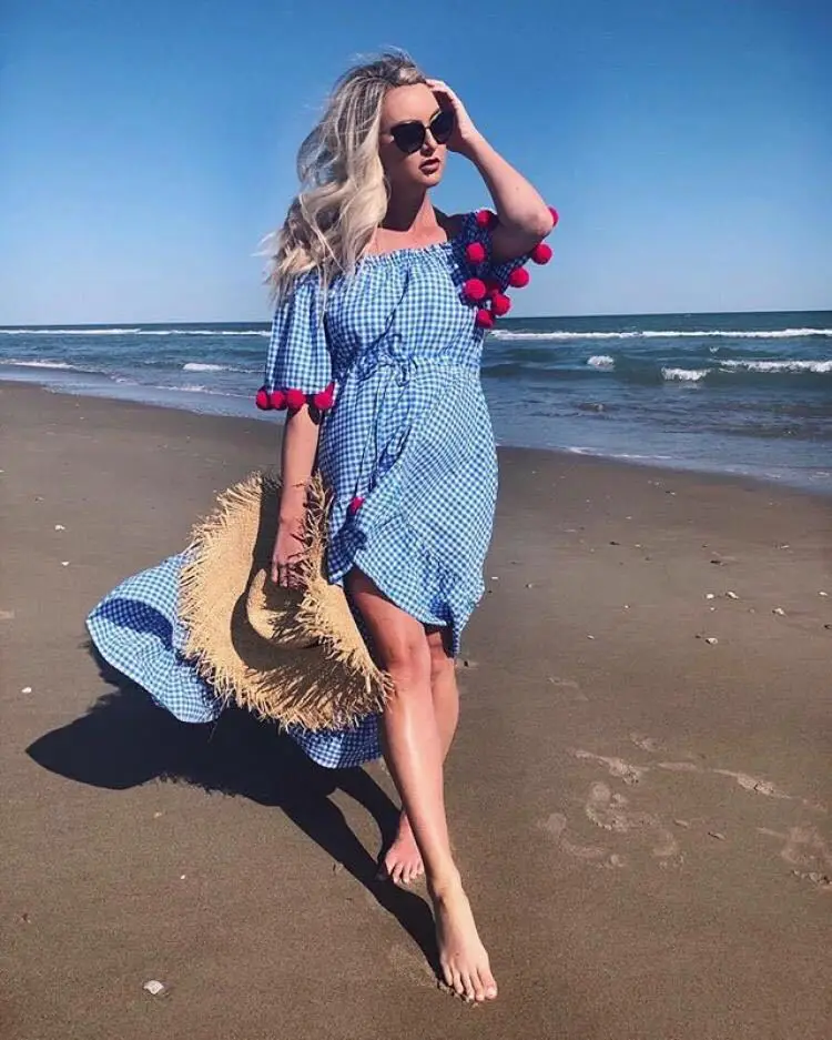 ARANSUE women Beach Holiday bohemian England plaid slash neck pompon botton Frenulum Front short rear length strapless Dress | Женская