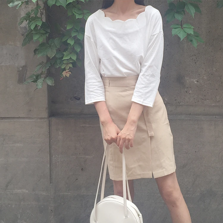

Wave collar pure color cotton T-shirt female students college style loose Korean primer shirt Tops & Tees