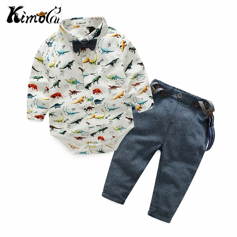 Kimocat new Spring and autumn children's baby boy long-sleeve dinosaur shirt suspenders suit |