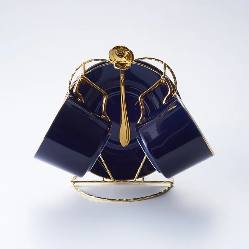 Blue 2Cups n Holder Выразительная фарфоровая кофейная чашка, блюдце, ложка, набор, 200 мл, Скандинавская чайная чашка, керамический чайный набор, расширенная чайная чашка, кофейная чашка эспрессо, Прямая поставка - Цвет: Blue 2Cups n Holder