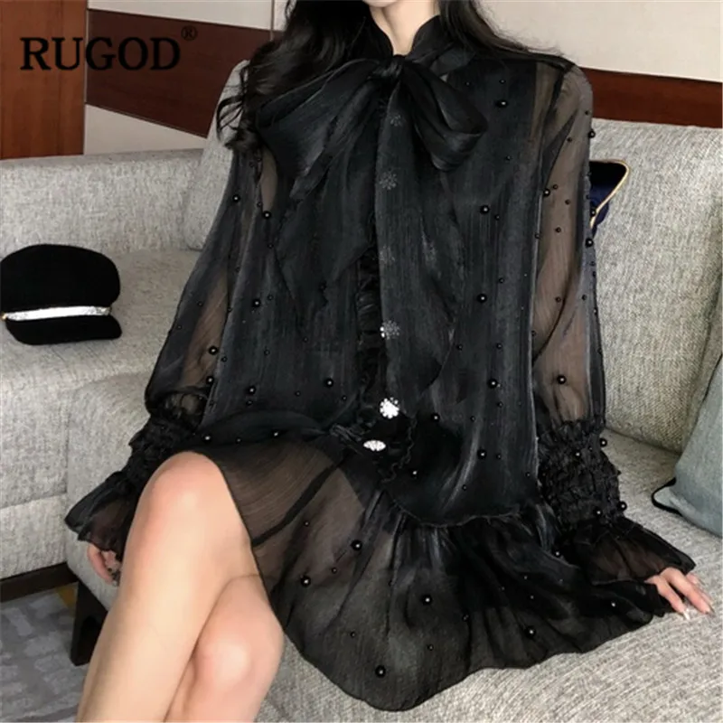 Женское шифоновое мини-платье RUGOD однобортное прозрачное кружевное платье с