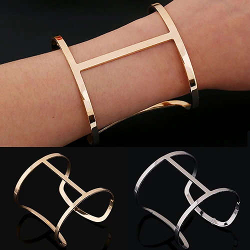 2016 НОВЫХ женщин Punk Манжеты Серебро/Золото Мода Широкий Браслет Простой Унисекс