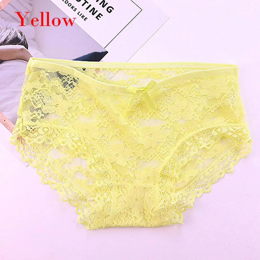 Yellow Женские сексуальные дышащие Модные прозрачные трусики с низкой талией, с цветочным бантом, полностью кружевные трусы, женское нижнее белье, трусики для девушек, нижнее белье - Цвет: Yellow