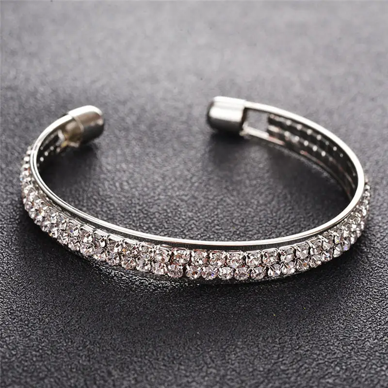 Silver ROMAD 2 Rows Opening Bracelets Women Crystal Rhinestone Bangle Wristband Cuff Open Bracelets Wedding Party Charms Jewelry R1 - Окраска металла: Silver