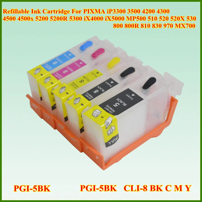 5 шт./лот PGI CLI 8 перезаправляемый картридж с чип для Canon PIXMA IP3300 IP4200 IP4300 IP4500 IP5300 IX4000