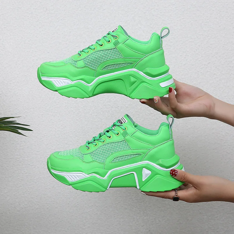 green DORATASIA New INS Hot Summer Breathable Dad Shoes Woman mixed-color Mesh Sneakers Women Fashion lace-up Flats - Цвет: green