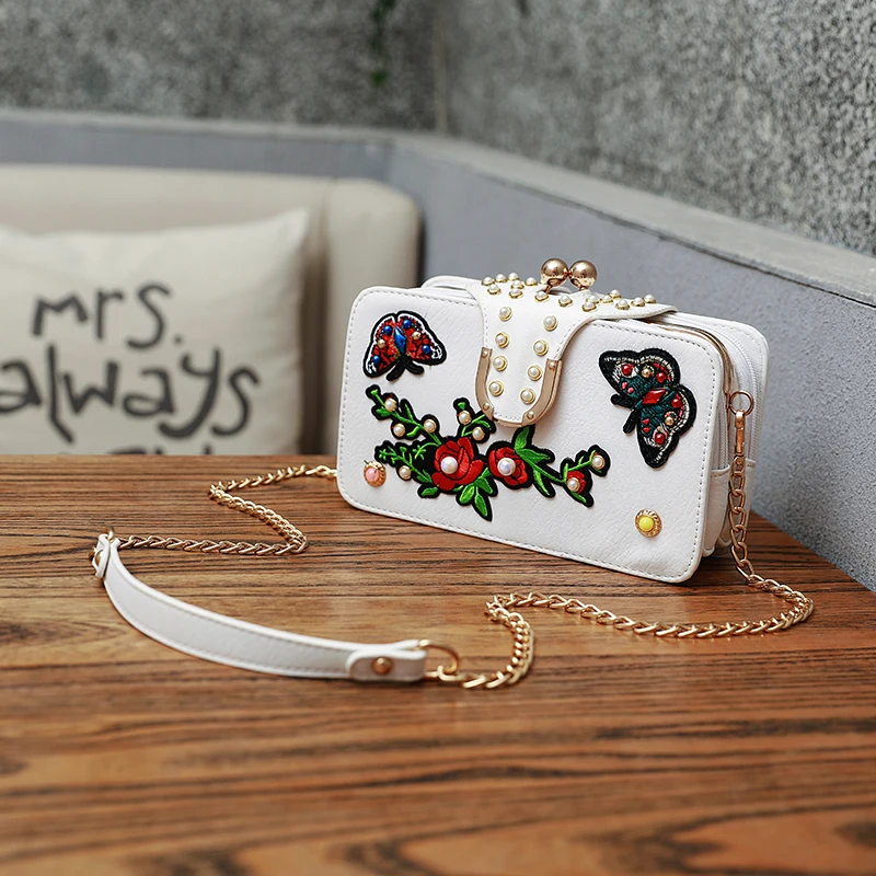 Women Pu Leather Purses and Handbags Ladies Hand Bags Floral Embroidery Doctor Bag Chain Shoulder Messenger Crossbody Bolsa | Багаж и