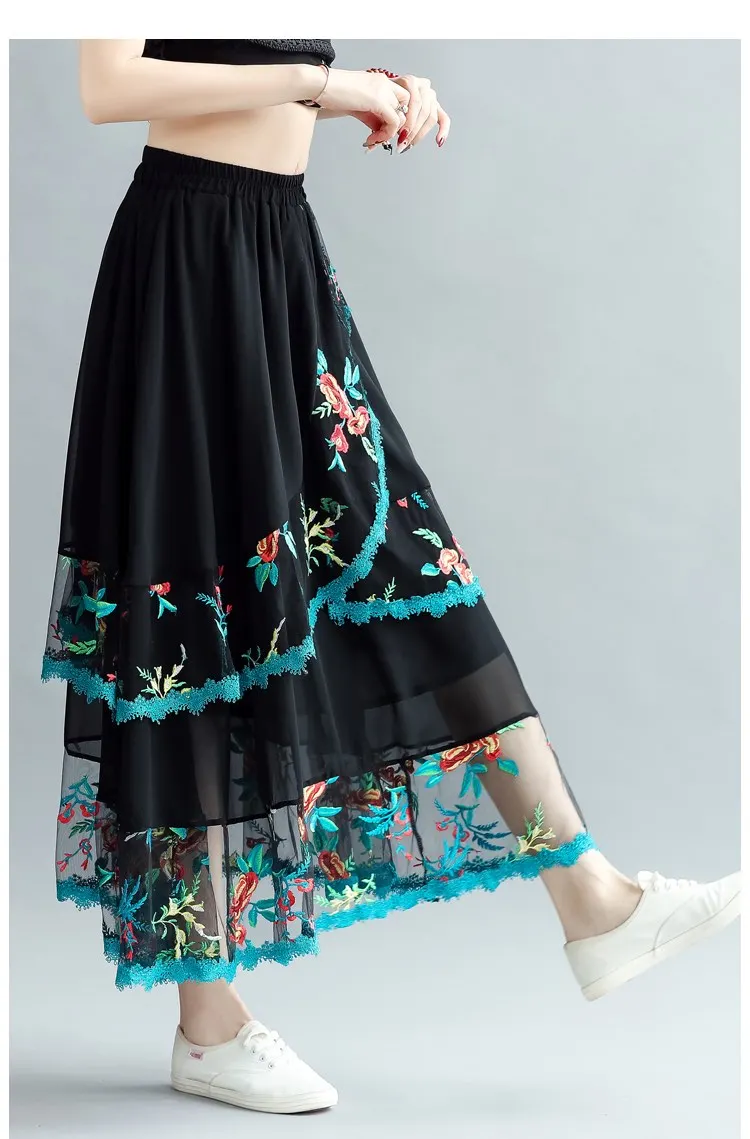 only skirt faldas mujer moda women long skirt female autumn spring Mexico style ethnic boho long black embroidery midi skirt - Цвет: only skirt