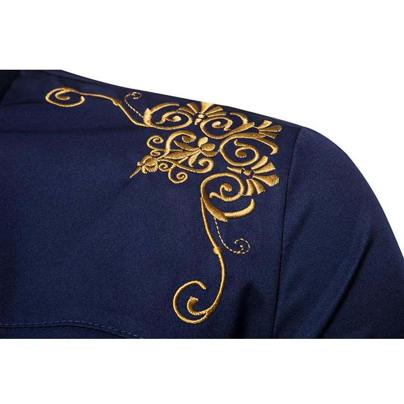 Black Gold Embroidery Shirt Men 2022 Spring Stand Collar Long Sleeve Vintage Casual Dress Shirts Men Luxury Buisness Clothes