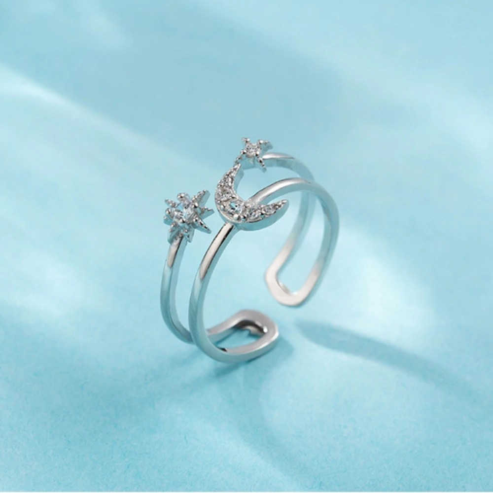 925 Sterling Silver Double Layer Starry Moonlight Ring Open Exquisite CZ Zircon Moon Stars White Gold S925 Women Wedding | Украшения и