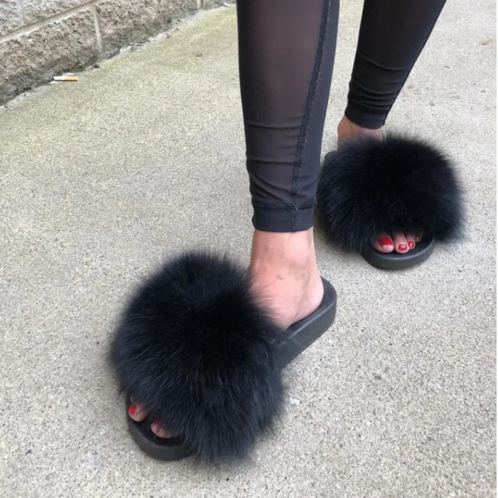 Женские меховые тапочки сланцы из натурального Лисьего меха модные пушистые на