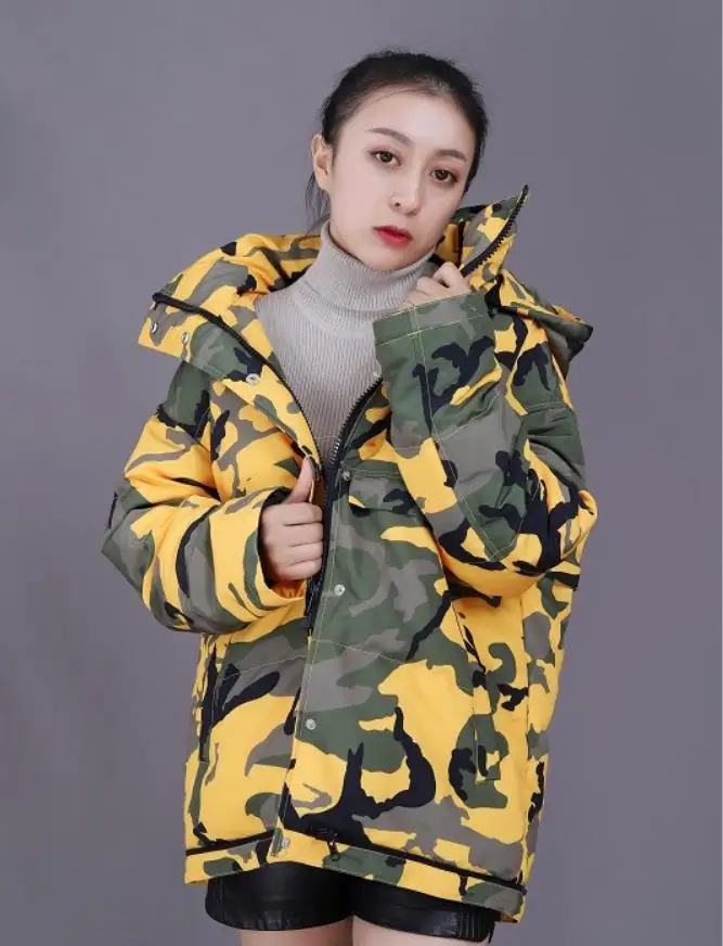 Большие размеры Новое поступление камуфляжные белые пуховые пальто с капюшоном
