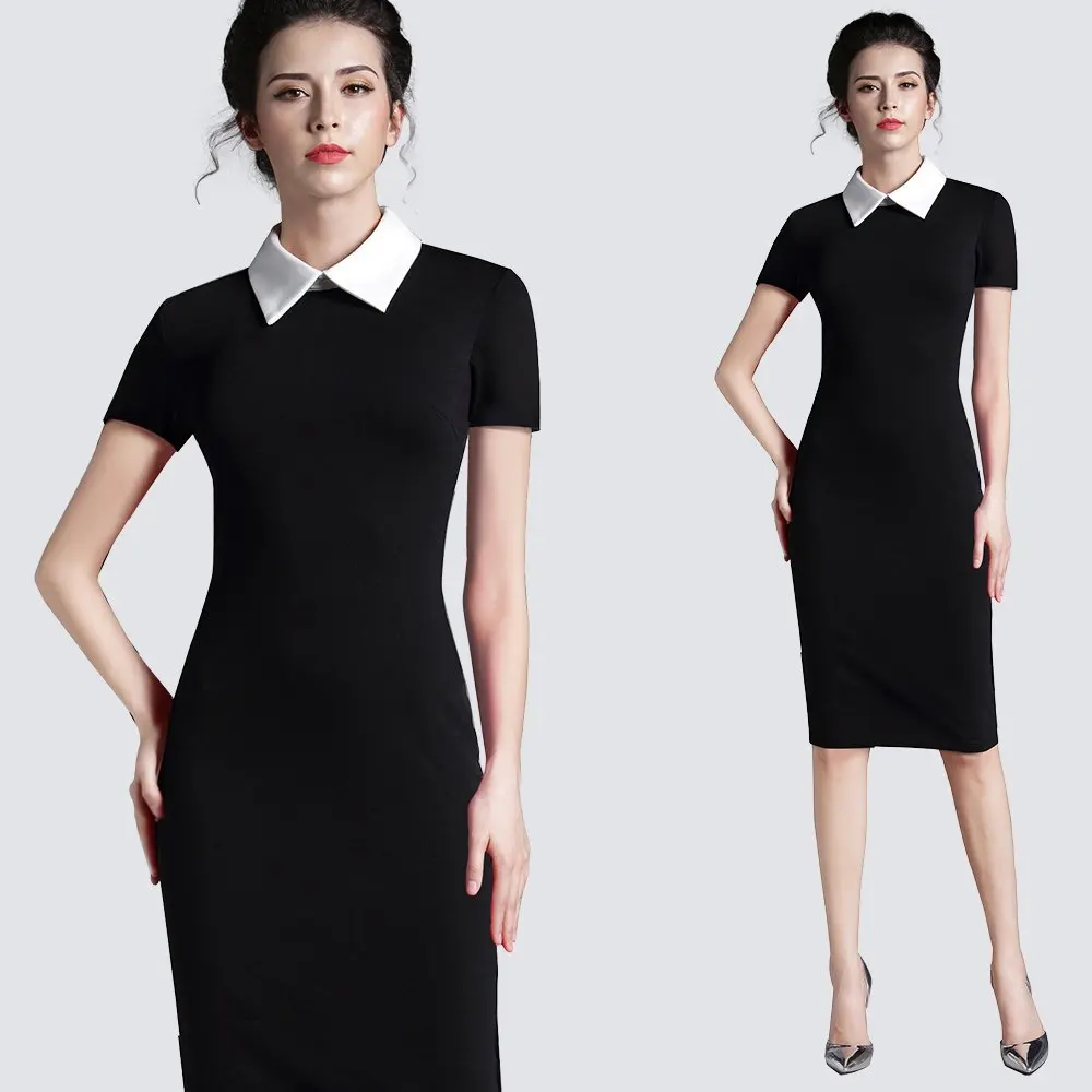 Black Short Sleeve Женская одежда, винтажное Черное женское Формальное деловое офисное платье с коротким рукавом, повседневное облегающее платье-карандаш 751 - Цвет: Black Short Sleeve