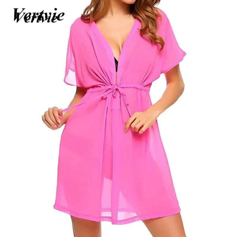 Vertvie, женское бикини с v-образным вырезом, купальник, халат De Plage Femme, однотонное парео, саронг, купальник, сексуальный белый шифон, Пляжная туника, платье, глубокое