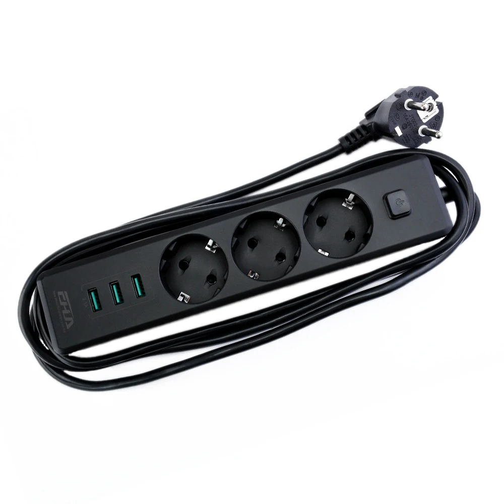 Черный 3 ЕС удлинитель штекер розетки с USB Зарядное устройство 250 В 10A 1 8 м адаптер