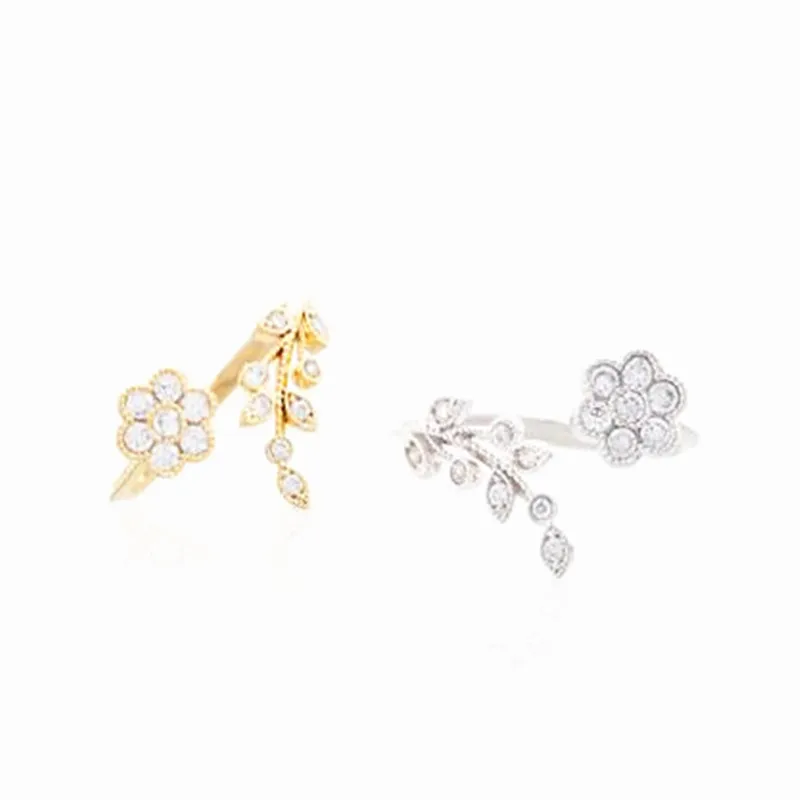 Корейские скрученные листья, цветок, стразы, Открытое кольцо, розовое золото, кольца на палец для женщин, массивное регулируемое кольцо 4RD04
