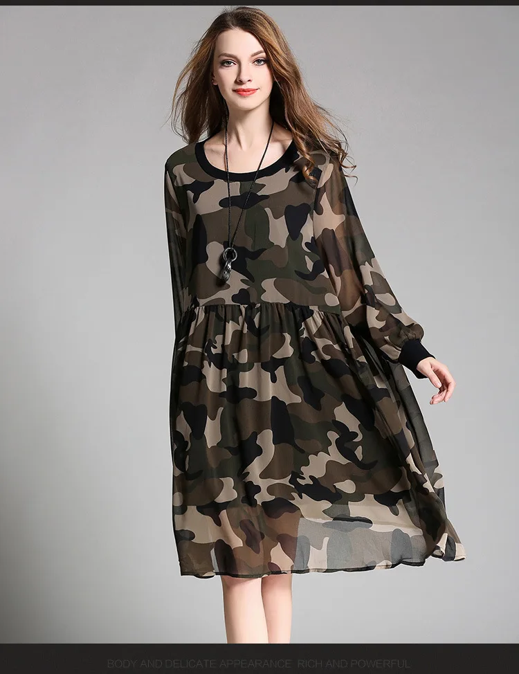 Новые 2016 Весна Европейский Для женщин камуфляж свободный крой шифоновые платья