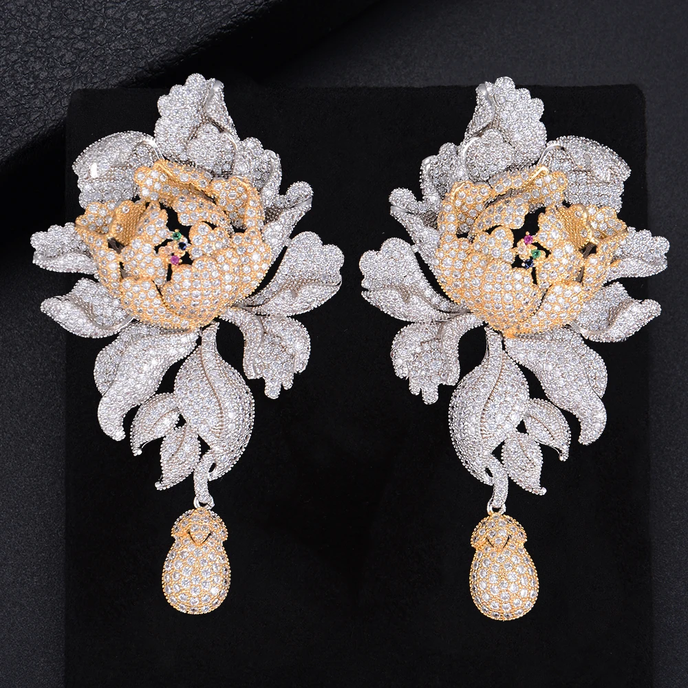 

76mm Popular Chrysanthemum Flower Pierced Full Cubic Zirconia Dangle Earings Women Wedding Bridal Jewelry