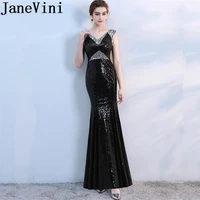 janevini bling crystal sequins bridesmaid dresses long black mermaid v neck women wedding party gowns floor length formal dress