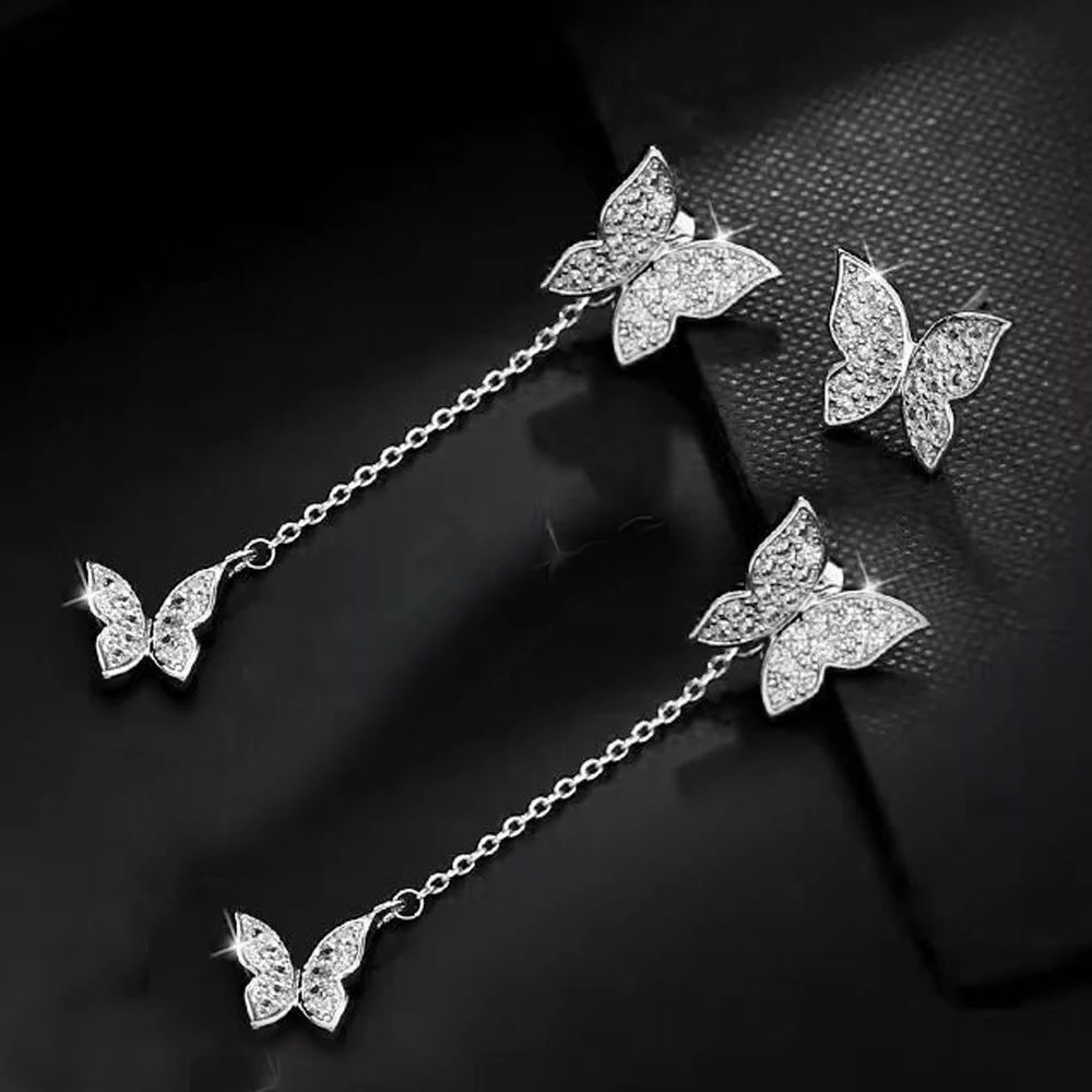 Женские длинные серьги гвоздики с фианитом серебряного цвета|butterfly stud earrings|stud